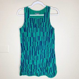 VINCE Geometric Lines Print 100% Silk Long Tank Top V-Neck Sleeveless Green Blue